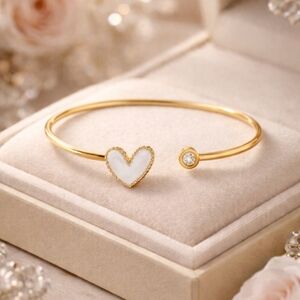 18K Gold Plated White Enamel Heart Open Cuff Bracelet with Cubic Zirconia Detail